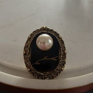 Artisanal Brooch/Pendant Black Enamel Faux Pearl Ornate Gold Trim